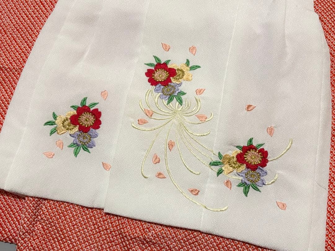 七五三　正絹　3歳　絞り　総絞り　被布　刺繍　一つ身　フルセット　朱色　オレンジ