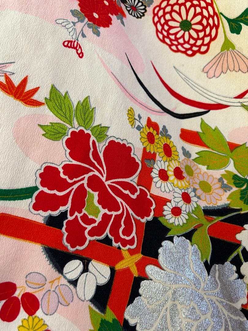 7歳七五三　ハーフ成人式 アンティーク正絹着物、帯揚げ、帯締め　しごき