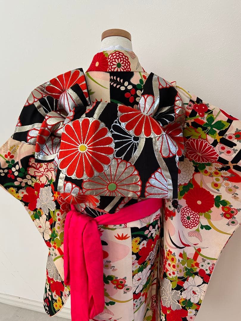 7歳七五三　ハーフ成人式 アンティーク正絹着物、帯揚げ、帯締め　しごき