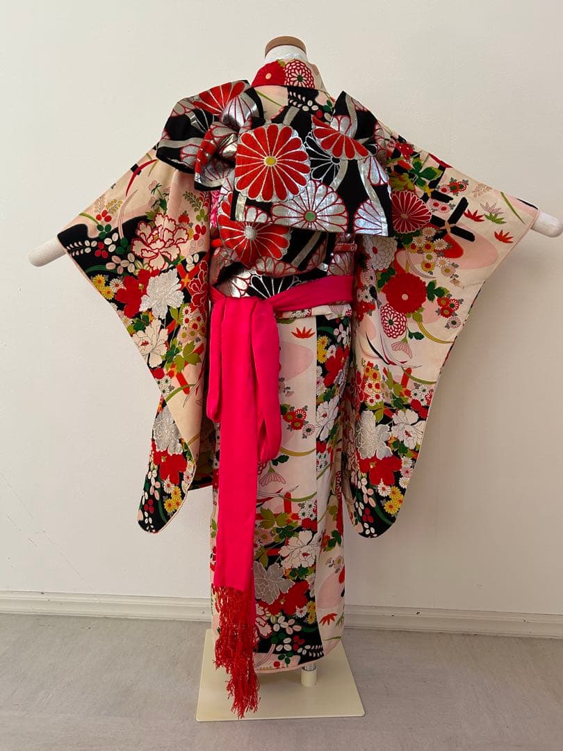 7歳七五三　ハーフ成人式 アンティーク正絹着物、帯揚げ、帯締め　しごき