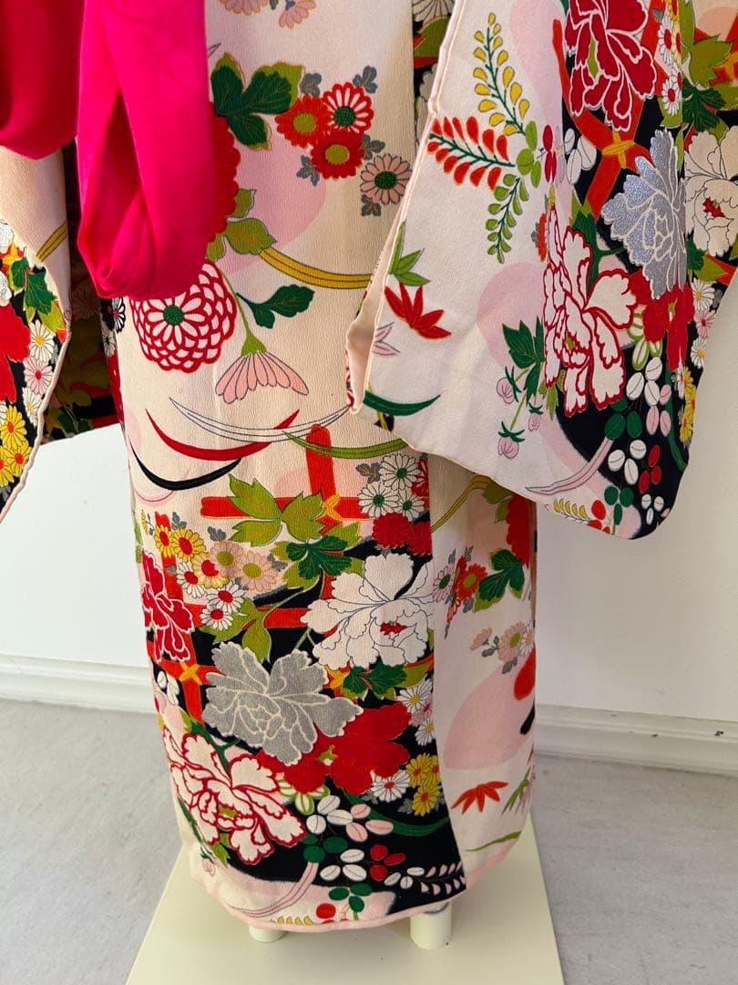 7歳七五三　ハーフ成人式 アンティーク正絹着物、帯揚げ、帯締め　しごき