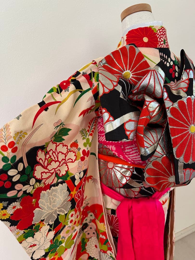 7歳七五三　ハーフ成人式 アンティーク正絹着物、帯揚げ、帯締め　しごき