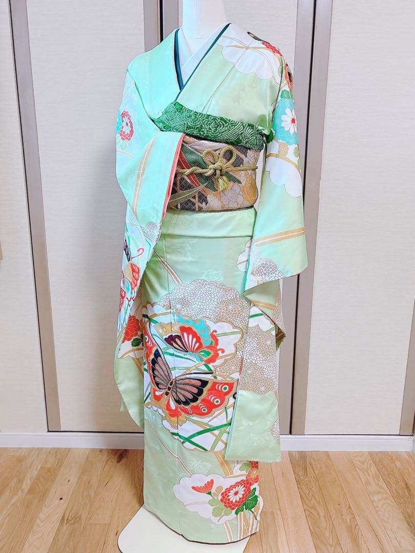 洗える振袖　セット　裄65 M L 帯　緑　ミント　蝶々　菊