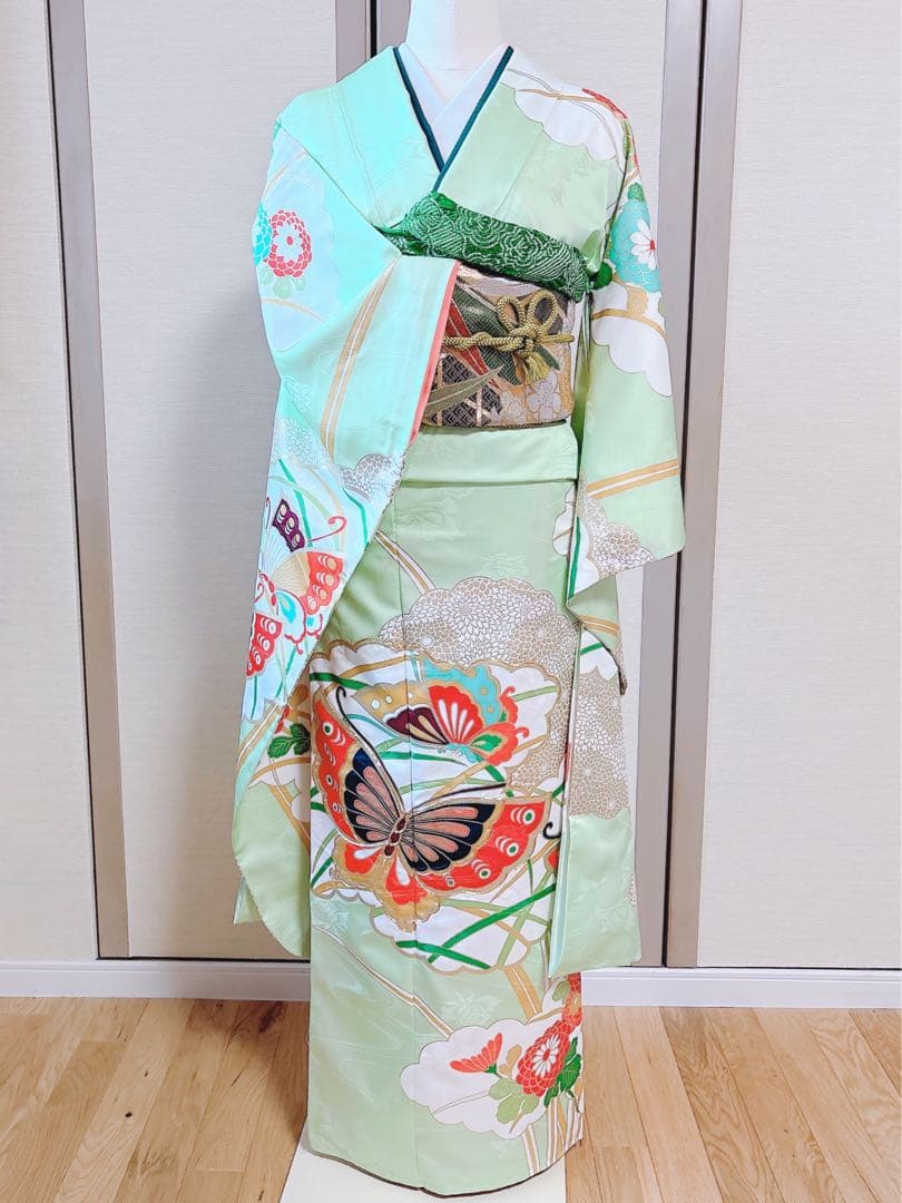 洗える振袖　セット　裄65 M L 帯　緑　ミント　蝶々　菊