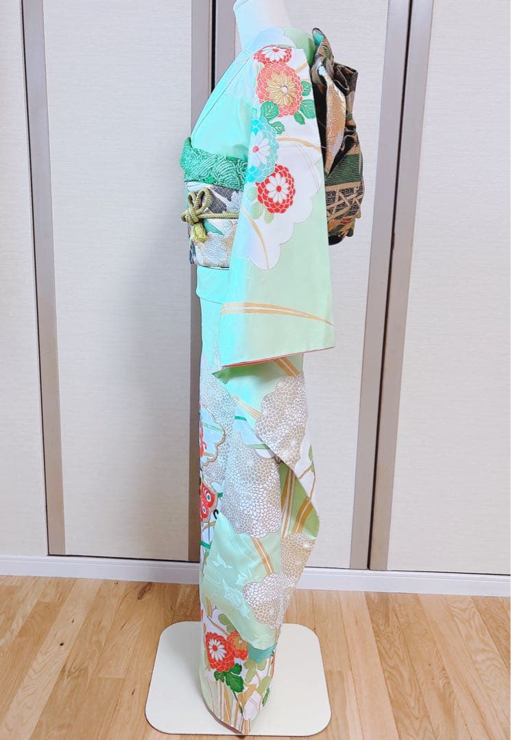 洗える振袖　セット　裄65 M L 帯　緑　ミント　蝶々　菊