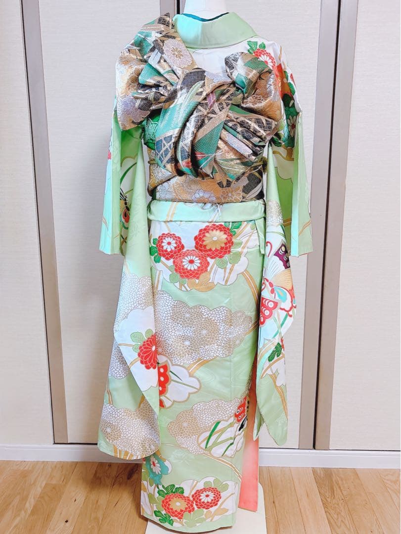 洗える振袖　セット　裄65 M L 帯　緑　ミント　蝶々　菊