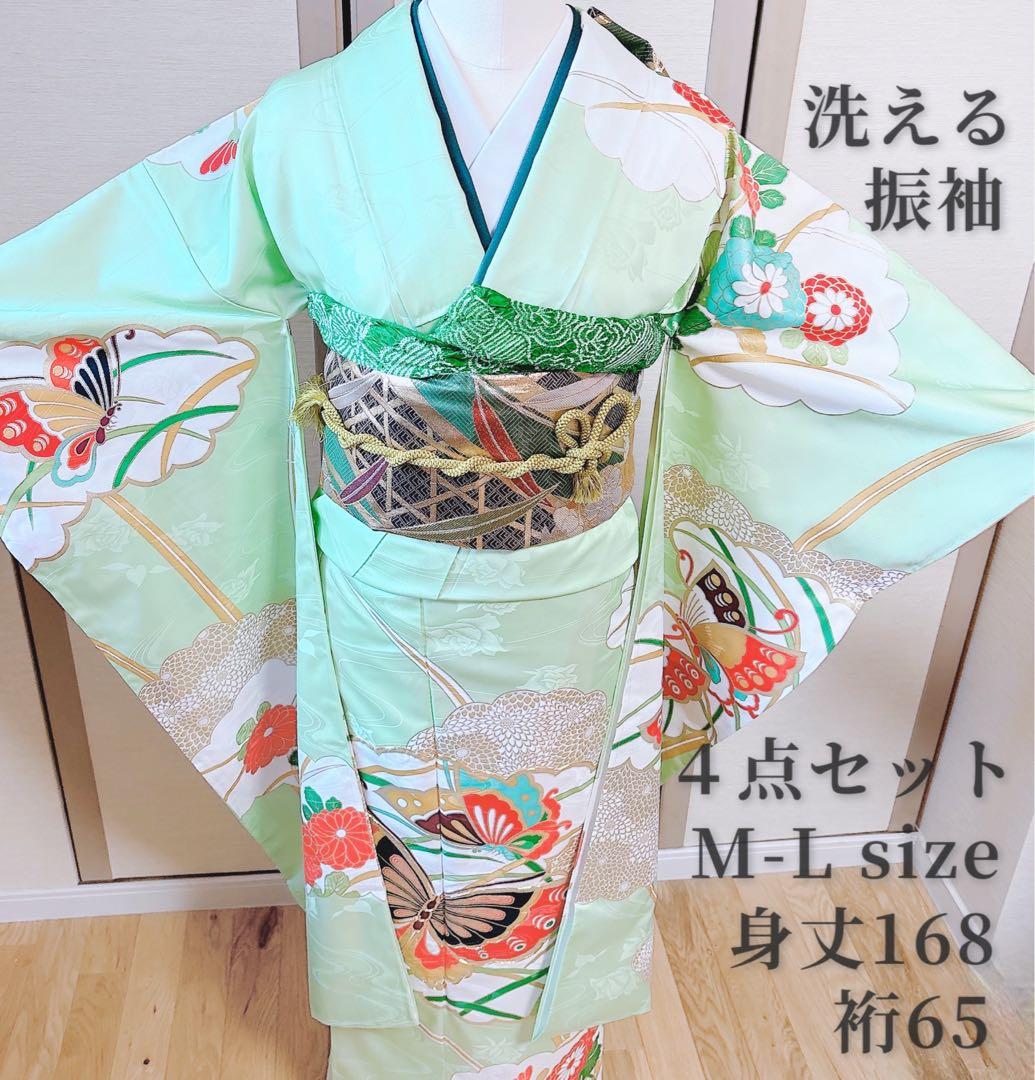 洗える振袖　セット　裄65 M L 帯　緑　ミント　蝶々　菊