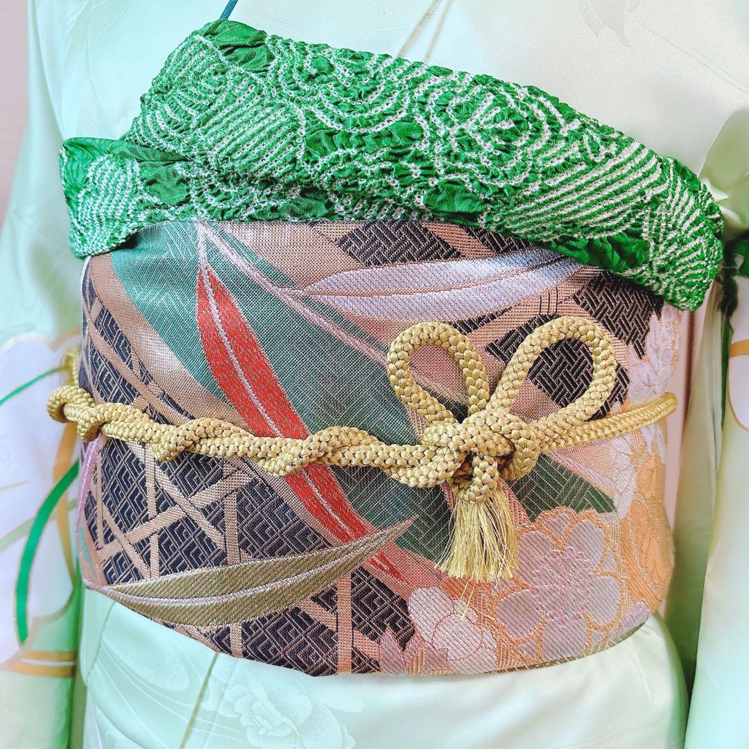 洗える振袖　セット　裄65 M L 帯　緑　ミント　蝶々　菊