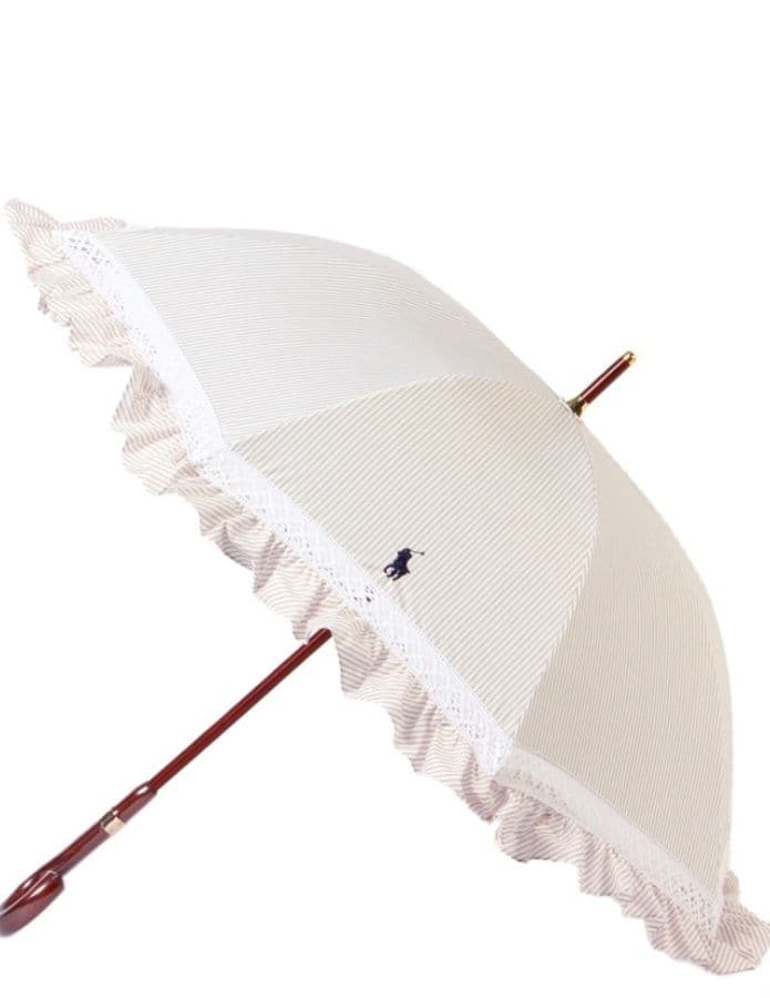 ポロラルフローレン☆ストライプフリル長傘☆遮光遮熱UV晴雨兼用