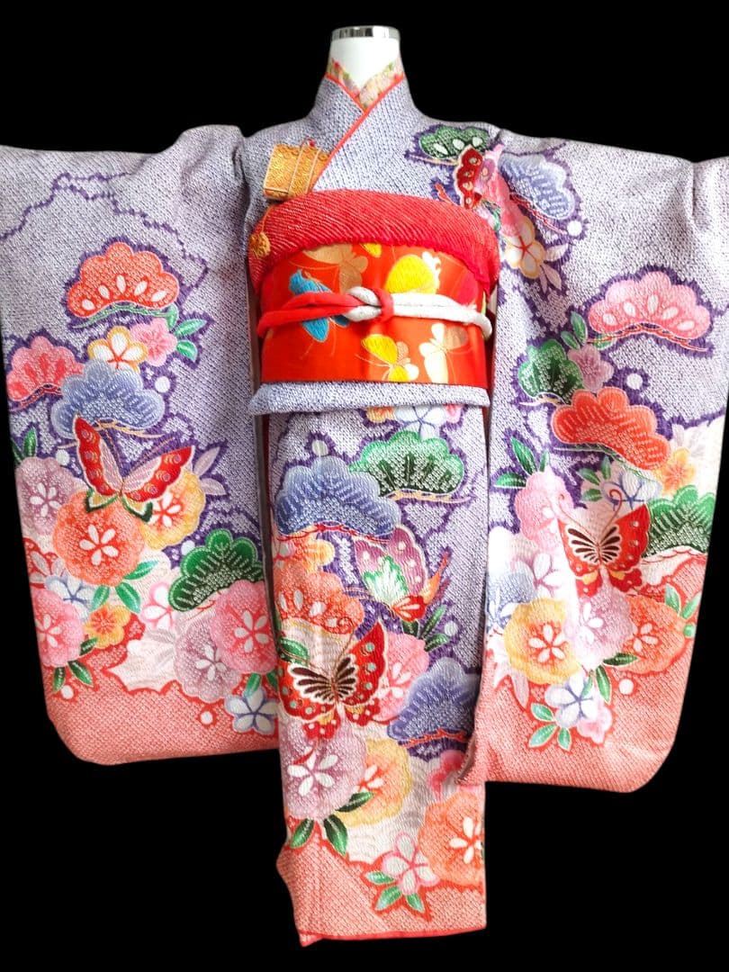 薄い紫オレンジの着物と帯のセット