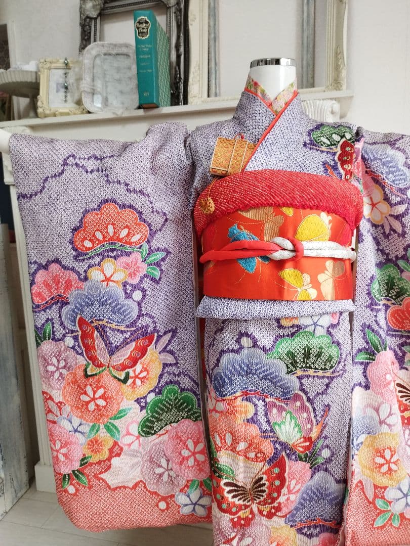 薄い紫オレンジの着物と帯のセット