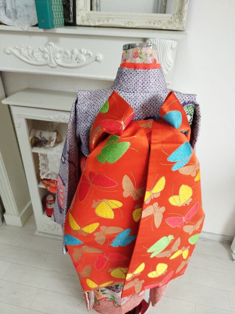 薄い紫オレンジの着物と帯のセット