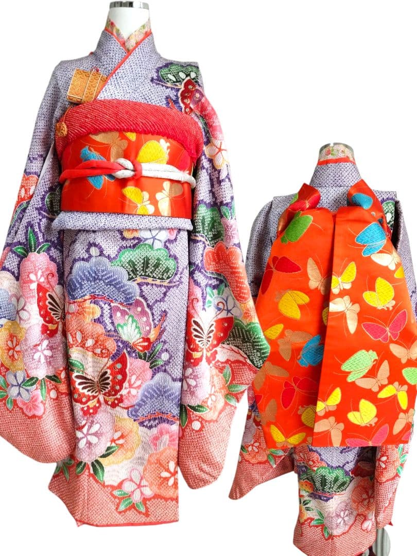 薄い紫オレンジの着物と帯のセット