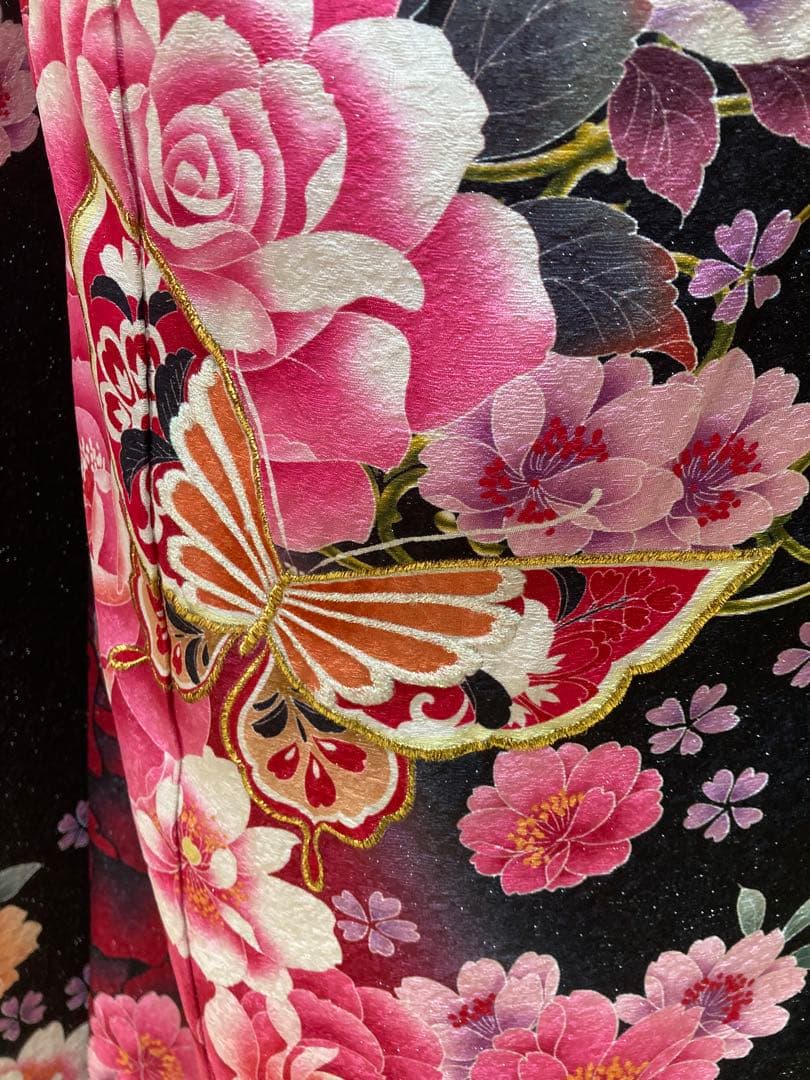 振袖7点セット 黒地 蝶柄 バラ柄 振袖 袋帯 長襦袢 帯締帯揚 重ね衿刺繍半衿