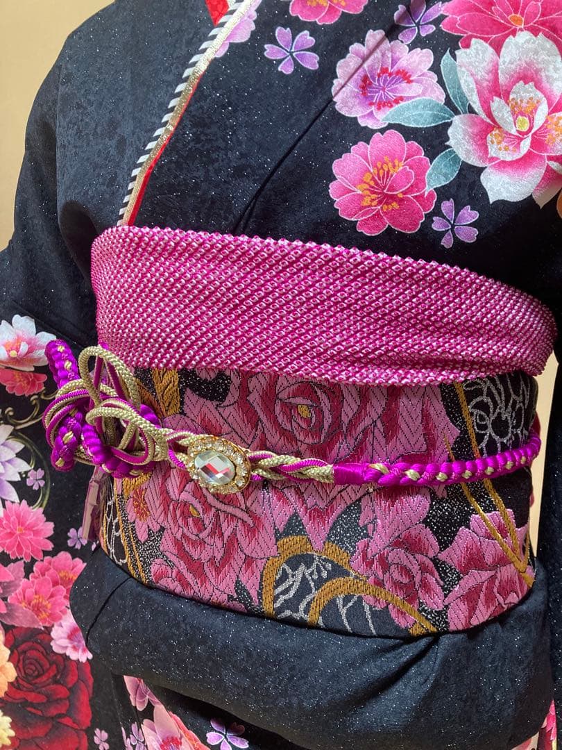 振袖7点セット 黒地 蝶柄 バラ柄 振袖 袋帯 長襦袢 帯締帯揚 重ね衿刺繍半衿