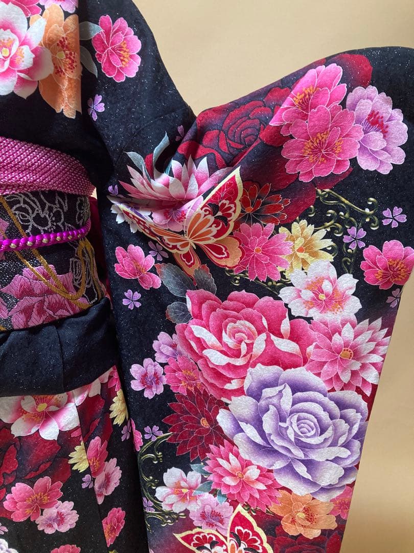 振袖7点セット 黒地 蝶柄 バラ柄 振袖 袋帯 長襦袢 帯締帯揚 重ね衿刺繍半衿