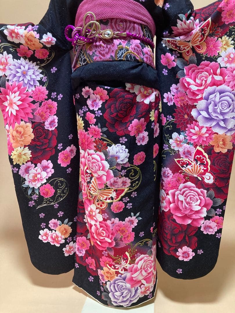 振袖7点セット 黒地 蝶柄 バラ柄 振袖 袋帯 長襦袢 帯締帯揚 重ね衿刺繍半衿
