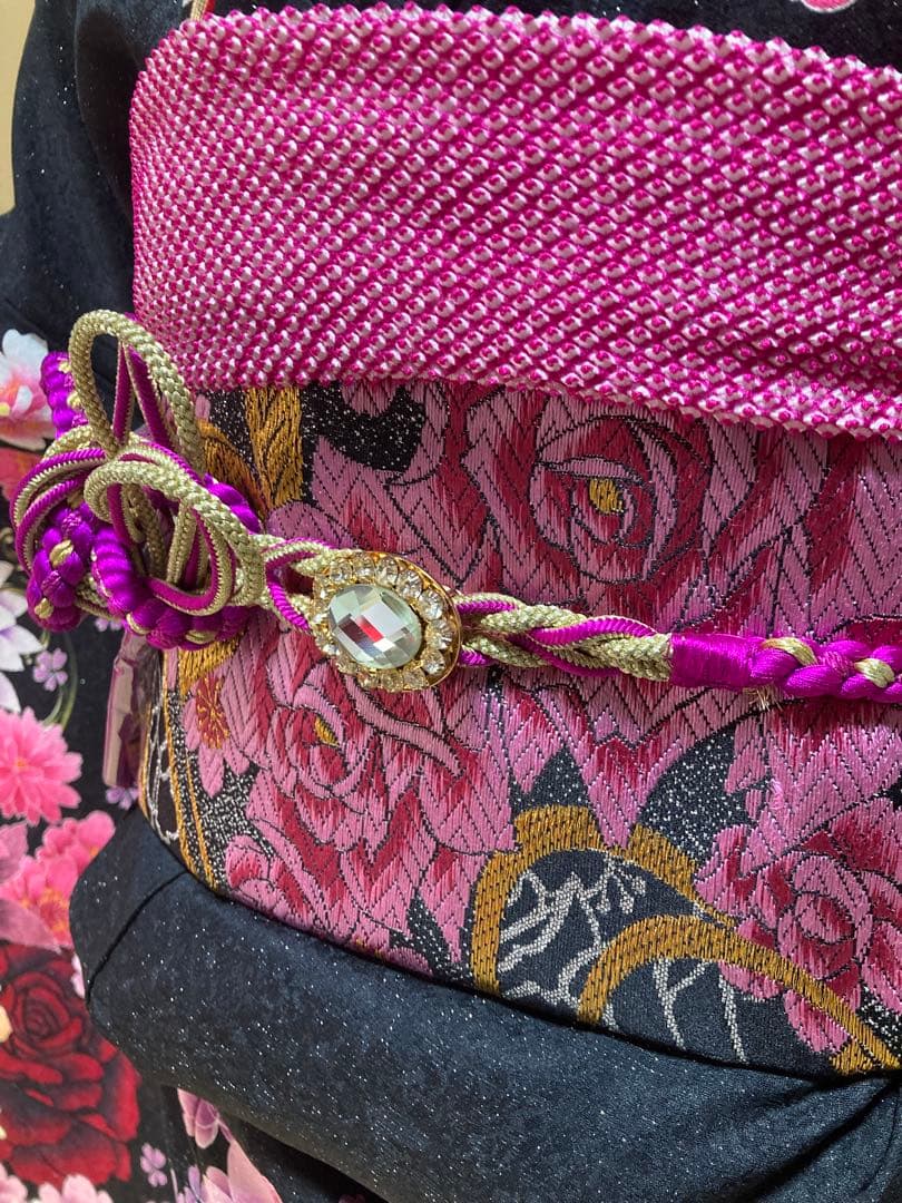 振袖7点セット 黒地 蝶柄 バラ柄 振袖 袋帯 長襦袢 帯締帯揚 重ね衿刺繍半衿