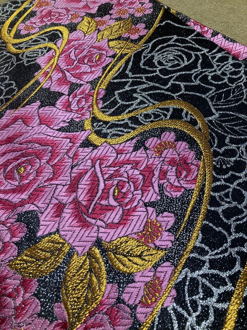 振袖7点セット 黒地 蝶柄 バラ柄 振袖 袋帯 長襦袢 帯締帯揚 重ね衿刺繍半衿