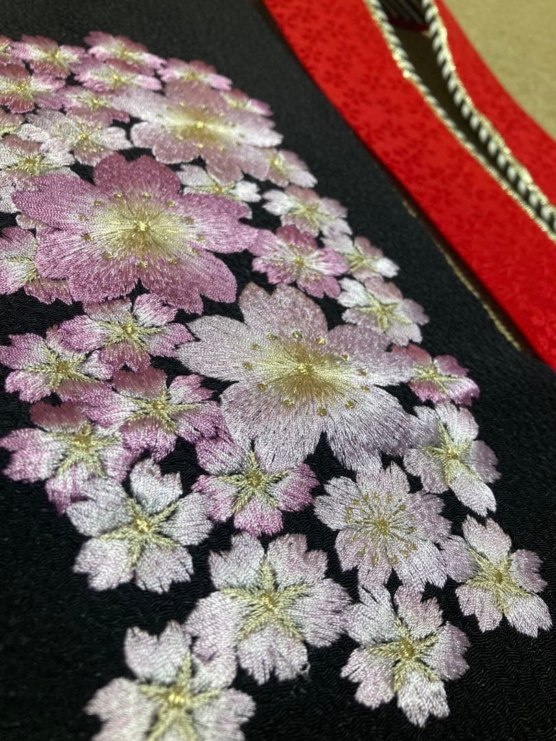 振袖7点セット 黒地 蝶柄 バラ柄 振袖 袋帯 長襦袢 帯締帯揚 重ね衿刺繍半衿