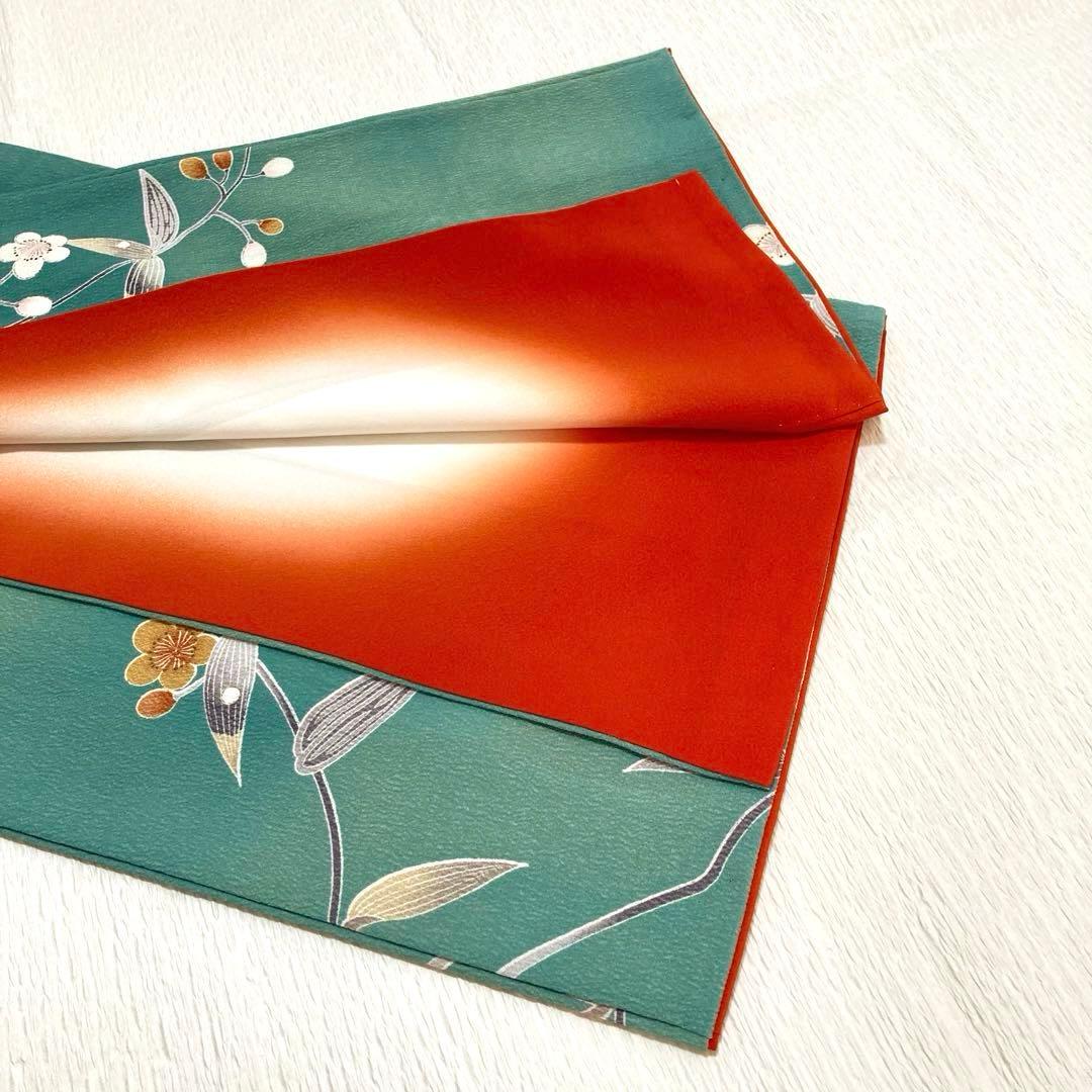 【良品✨】東レシルック　洗える着物　小紋　青みの緑色　梅　紅葉　手縫い仕立てB6