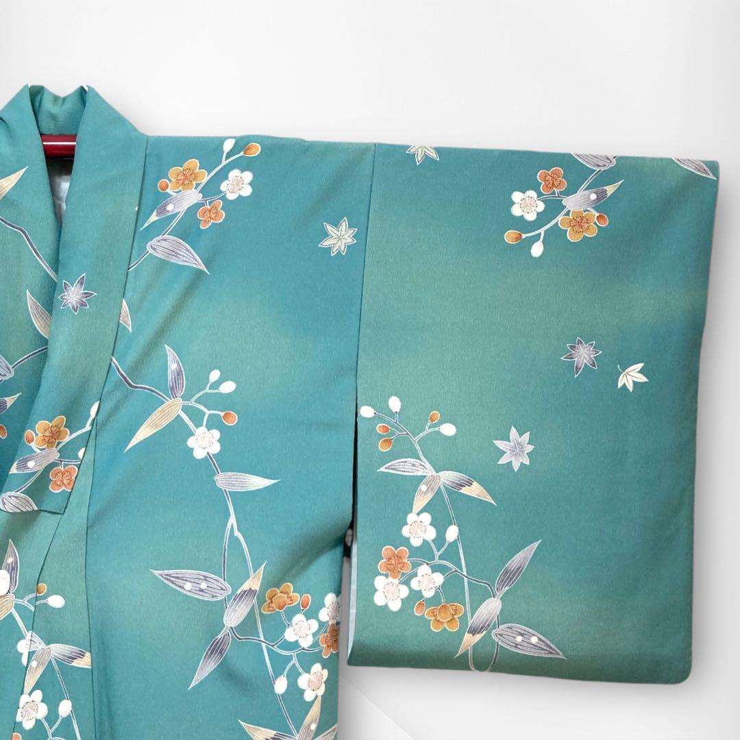 【良品✨】東レシルック　洗える着物　小紋　青みの緑色　梅　紅葉　手縫い仕立てB6