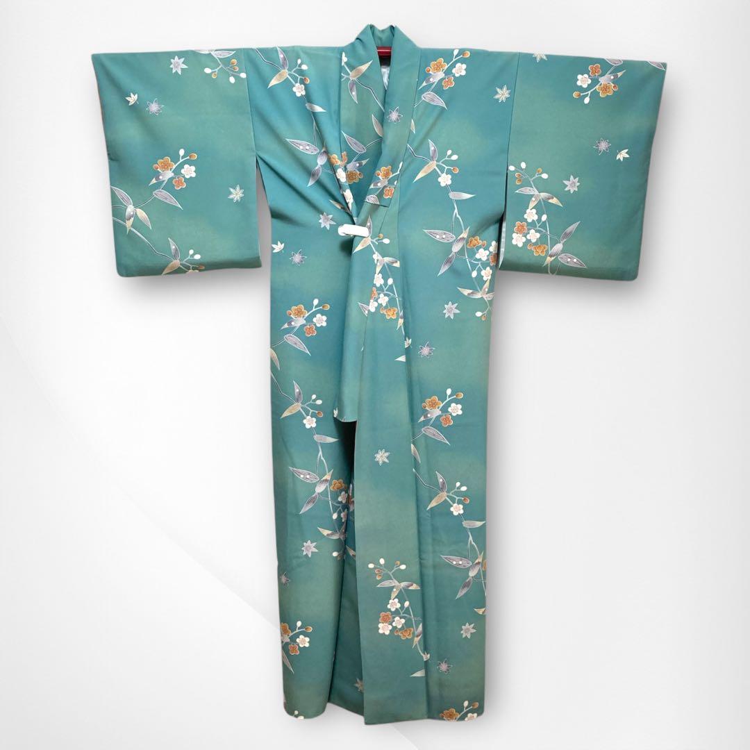 【良品✨】東レシルック　洗える着物　小紋　青みの緑色　梅　紅葉　手縫い仕立てB6