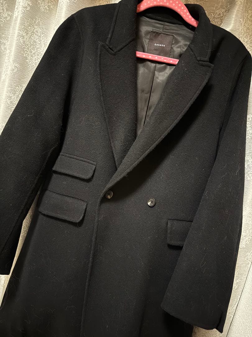 処分価格　anuans リバーロングダブルポケットチェスターコート　BLACK