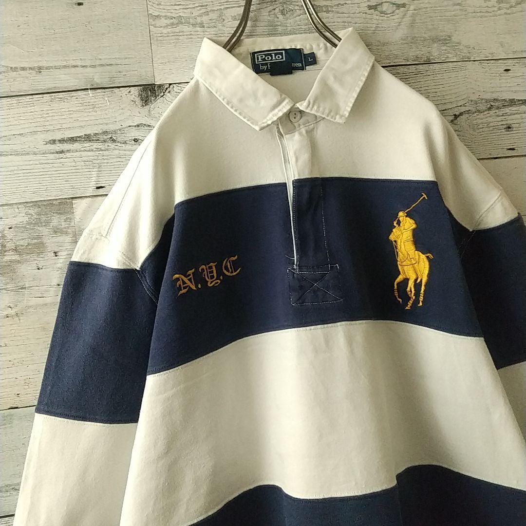 希少☆ポロバイラルフローレン 太ボーダー 刺繍 ビッグポニー ラガーシャツ XL