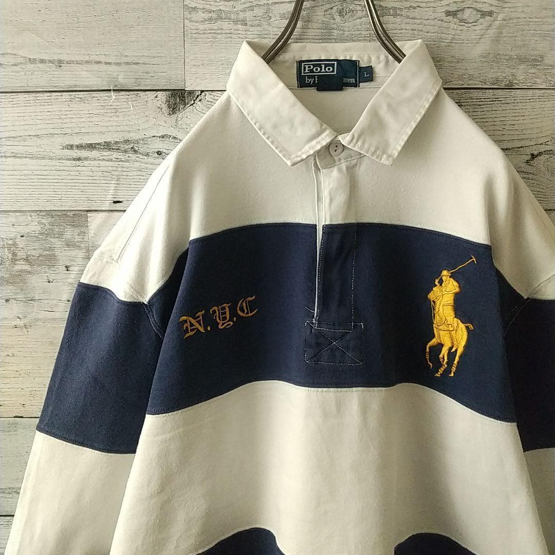 希少☆ポロバイラルフローレン 太ボーダー 刺繍 ビッグポニー ラガーシャツ XL