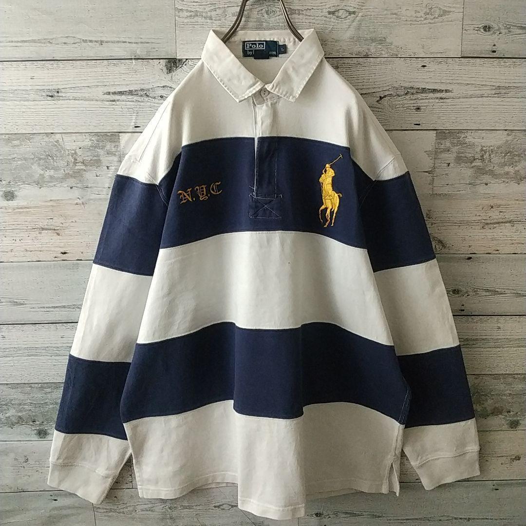 希少☆ポロバイラルフローレン 太ボーダー 刺繍 ビッグポニー ラガーシャツ XL