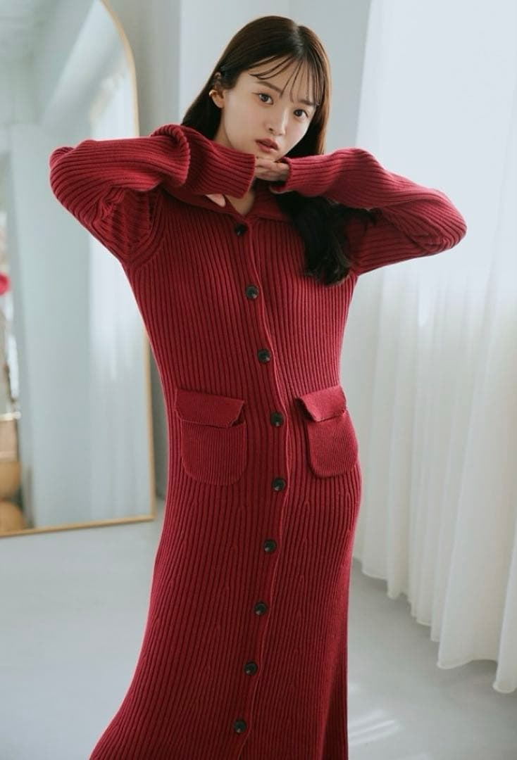 最終値下げ　pinue ピヌエ　フロントボタンリブニットワンピース　NAVY S