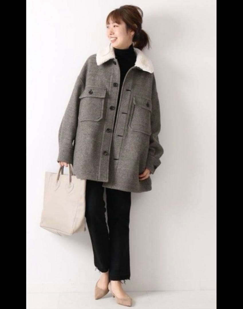 Spick and Span グレーウールコート フリース襟付き