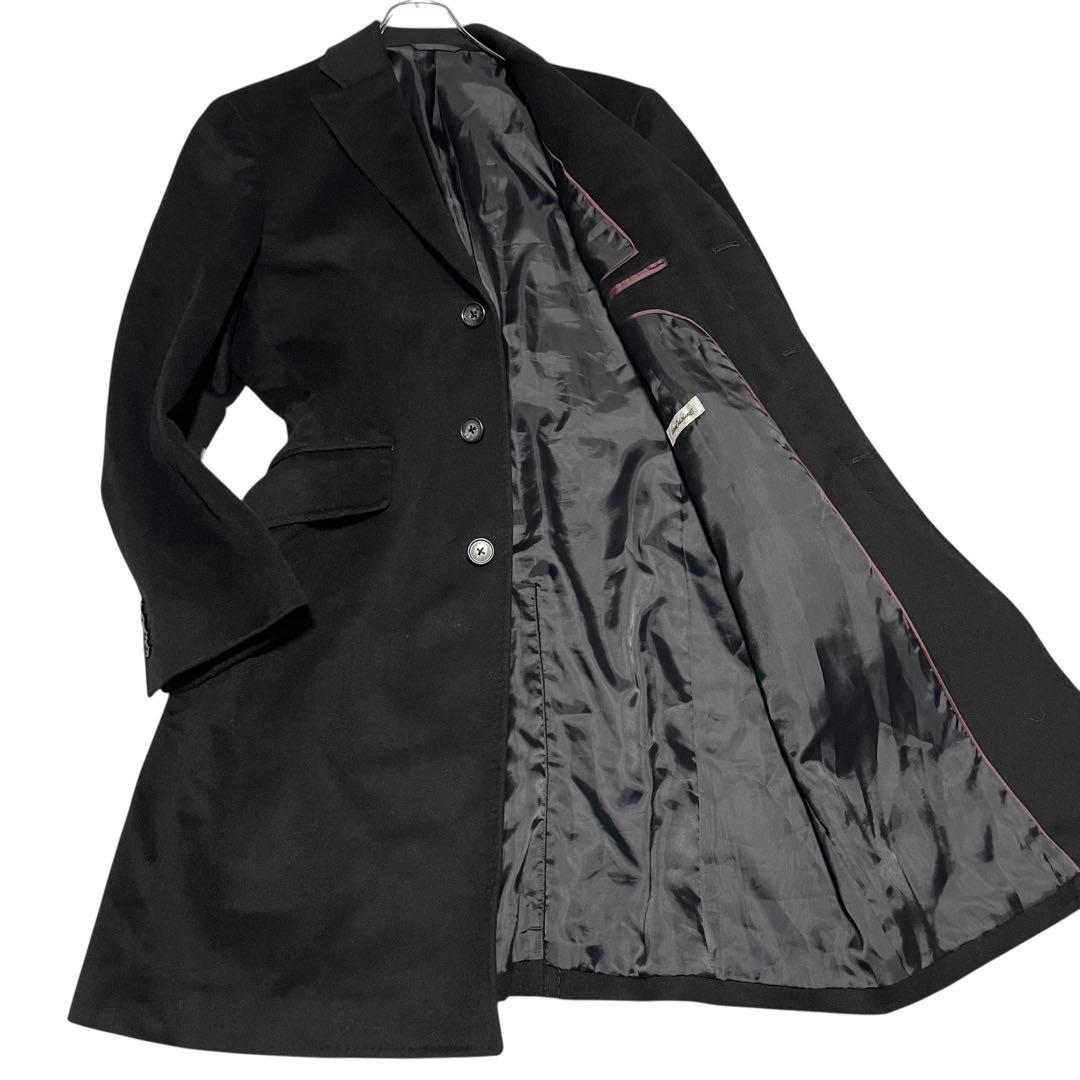 カシミヤ100%【vintage】マキシ丈比翼チェスターコート ブラック M