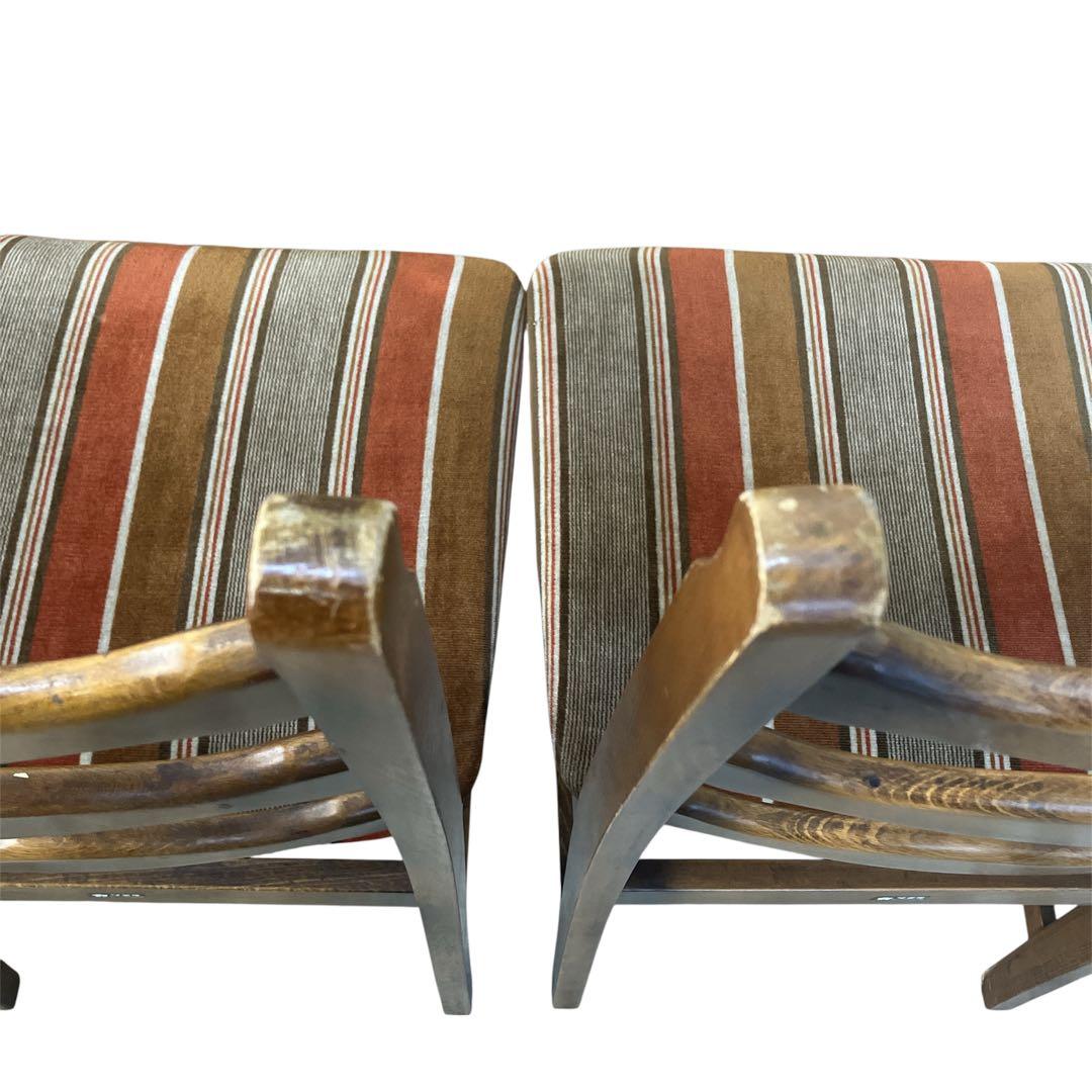 アンティーク　カリモク ベロアストライプ 木製椅子 アームレスチェア　2脚セット