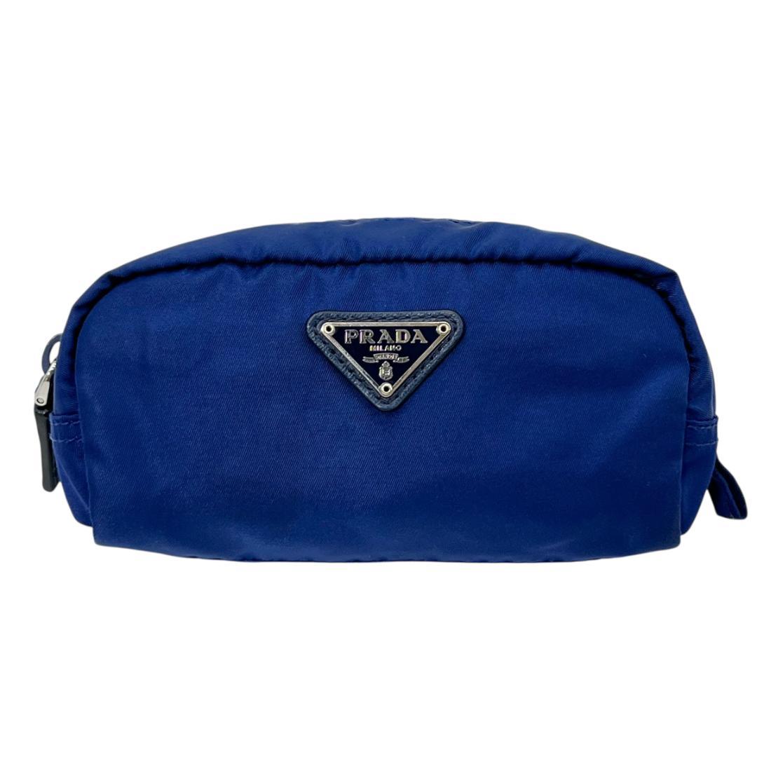 プラダ ポーチ ネイビー ナイロン サフィアーノレザー シルバー