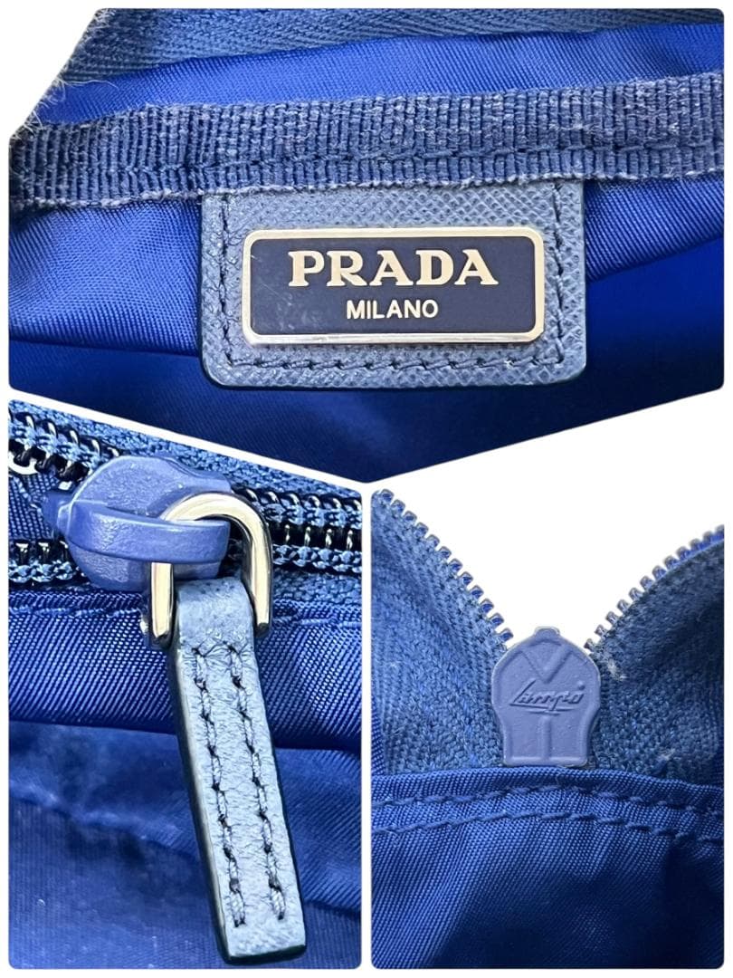 プラダ ポーチ ネイビー ナイロン サフィアーノレザー シルバー