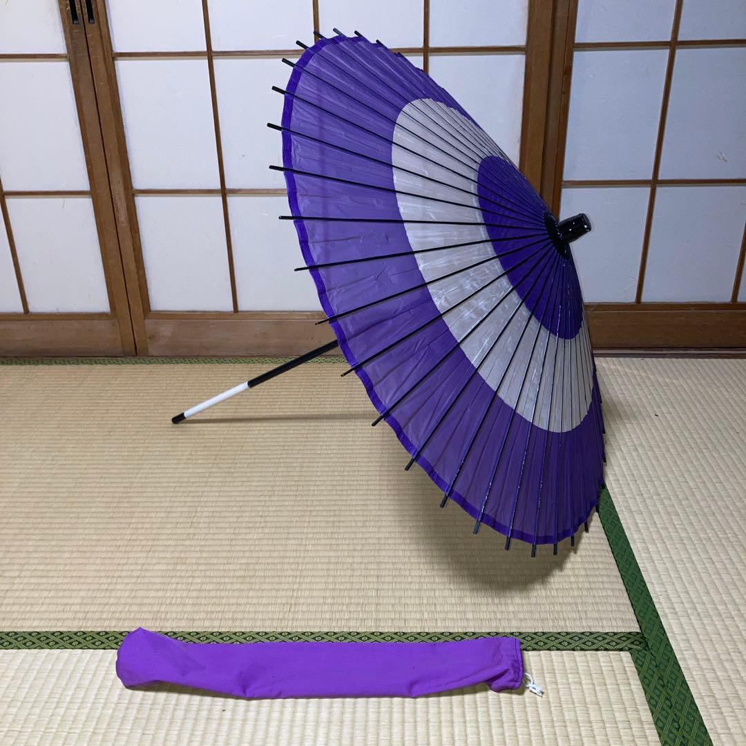 美品 紫 白 絹傘 真鍮のネジ継ぎ 舞傘 日傘 日本舞踊 おどり傘 布袋付
