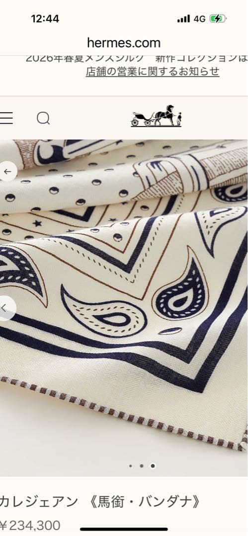 HERMES カレジュアンカシミヤシルクバンダナ柄白　カシシル140