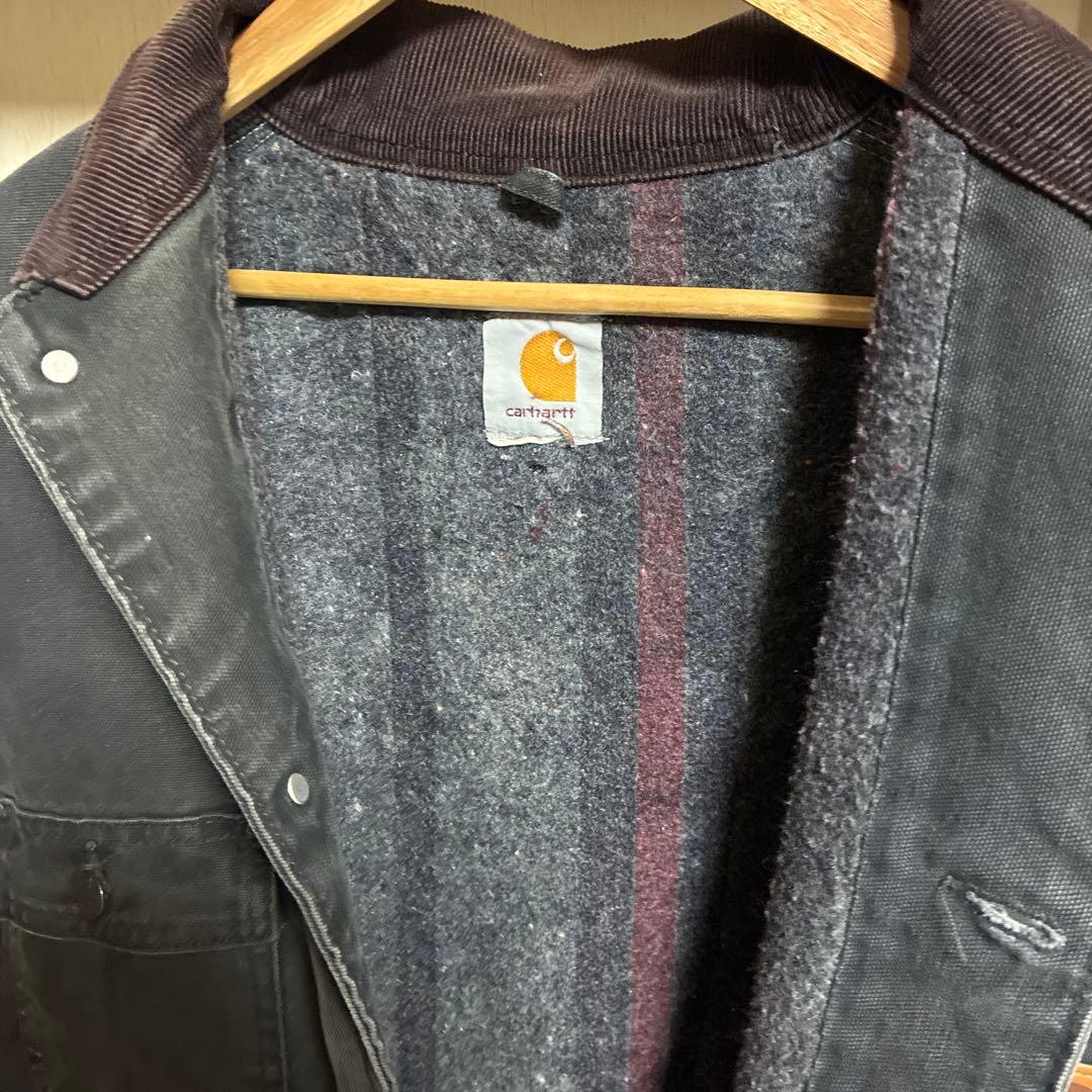 【古着】90s Carhartt ミシガンチョアコート　企業ロゴ　襟コーデュロイ