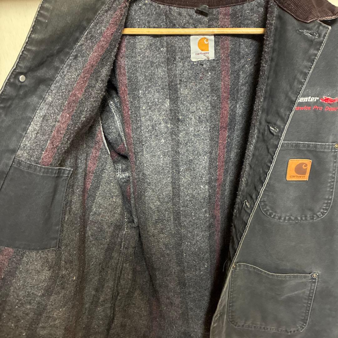 【古着】90s Carhartt ミシガンチョアコート　企業ロゴ　襟コーデュロイ