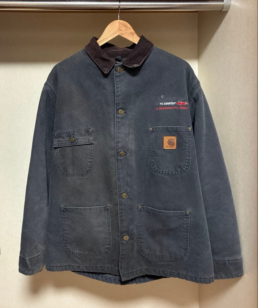 【古着】90s Carhartt ミシガンチョアコート　企業ロゴ　襟コーデュロイ