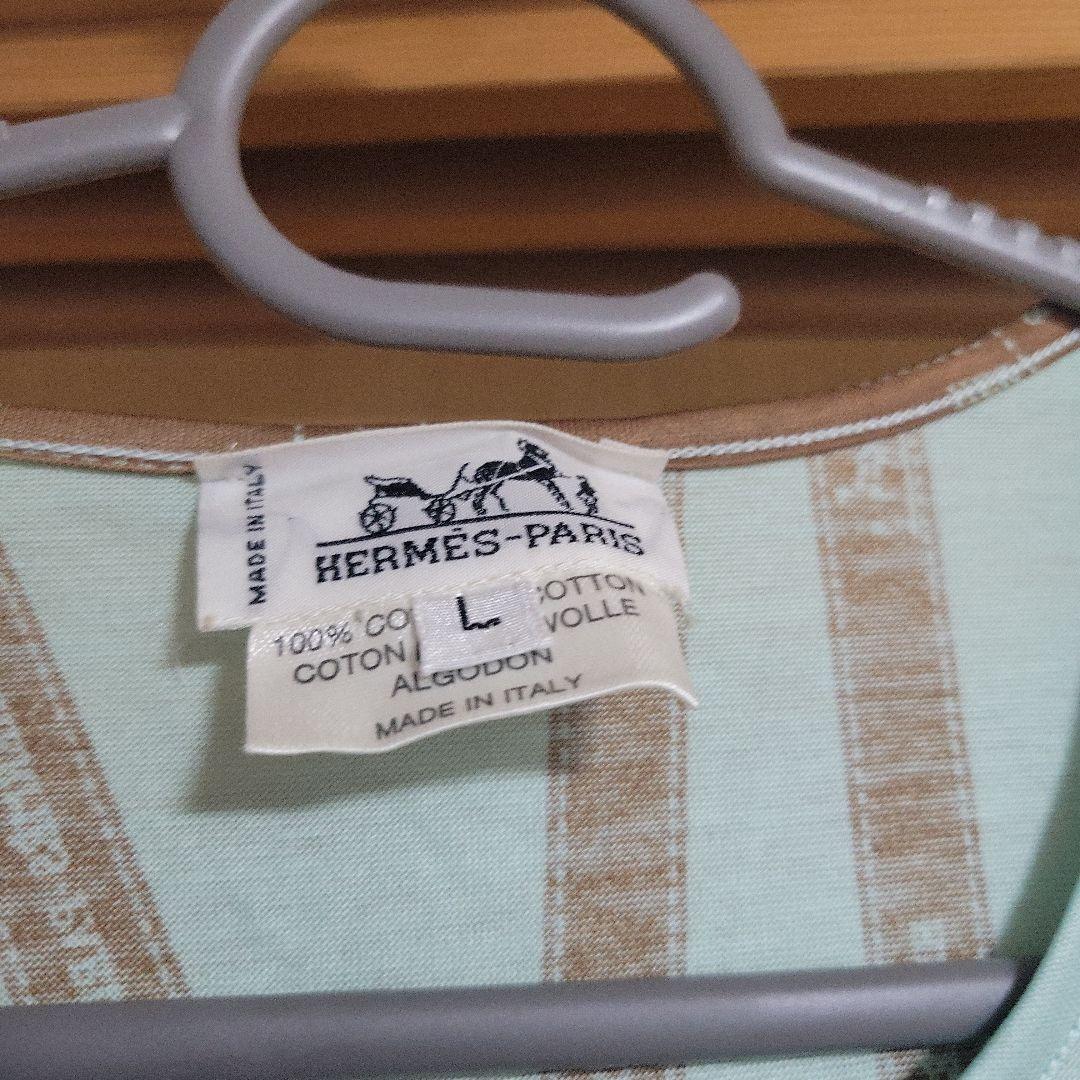 HERMES-PARIS リボン柄　コットンTシャツ L 水色