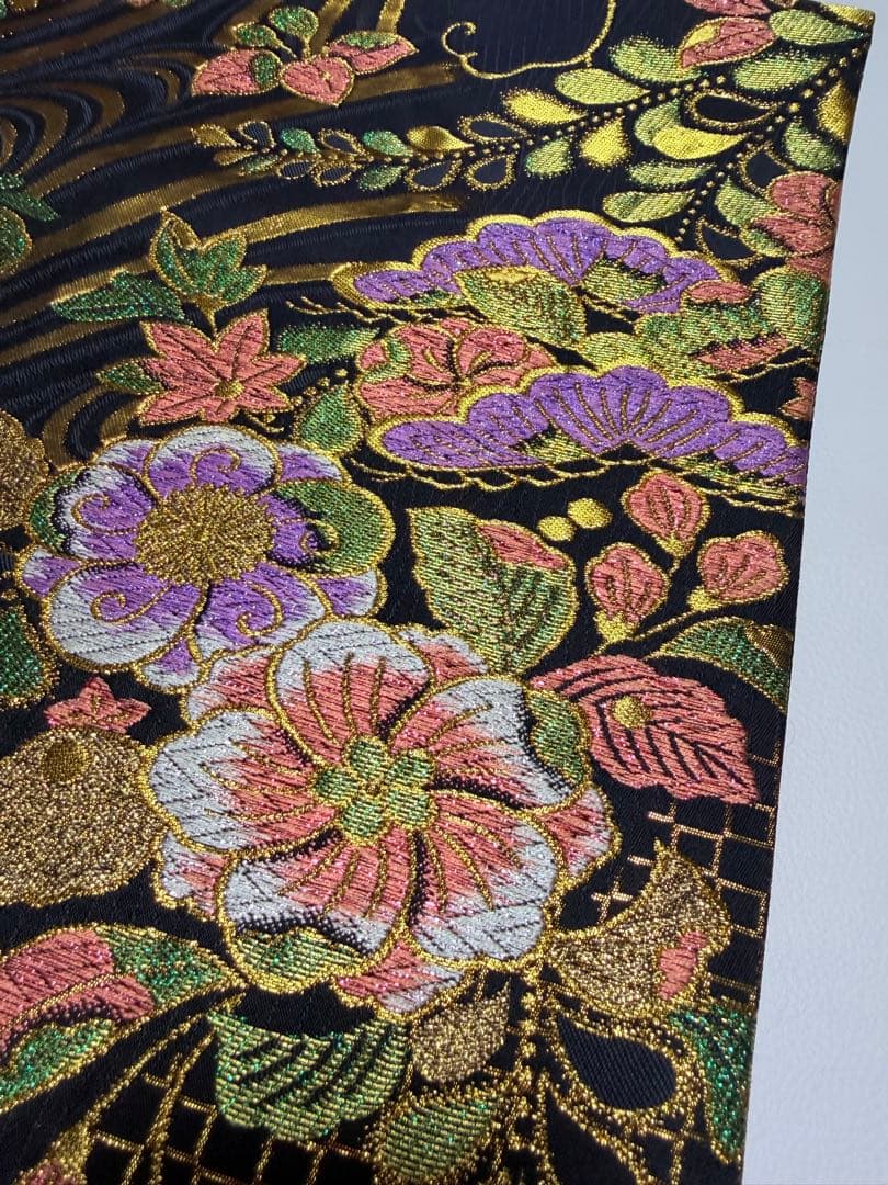 高級 袋帯 正絹 六通柄 辻が花 ブラック ゴールド 振袖 訪問着 色無地