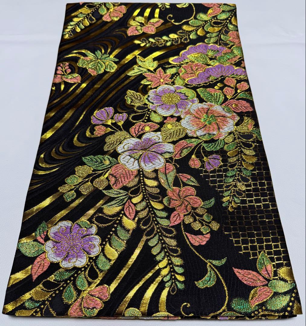 高級 袋帯 正絹 六通柄 辻が花 ブラック ゴールド 振袖 訪問着 色無地
