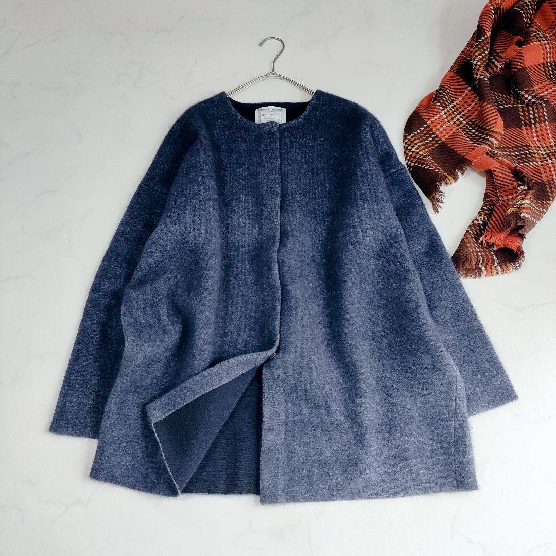 BEARDSLEY ビアズリー 洗えるニットコート ネイビー ノーカラー