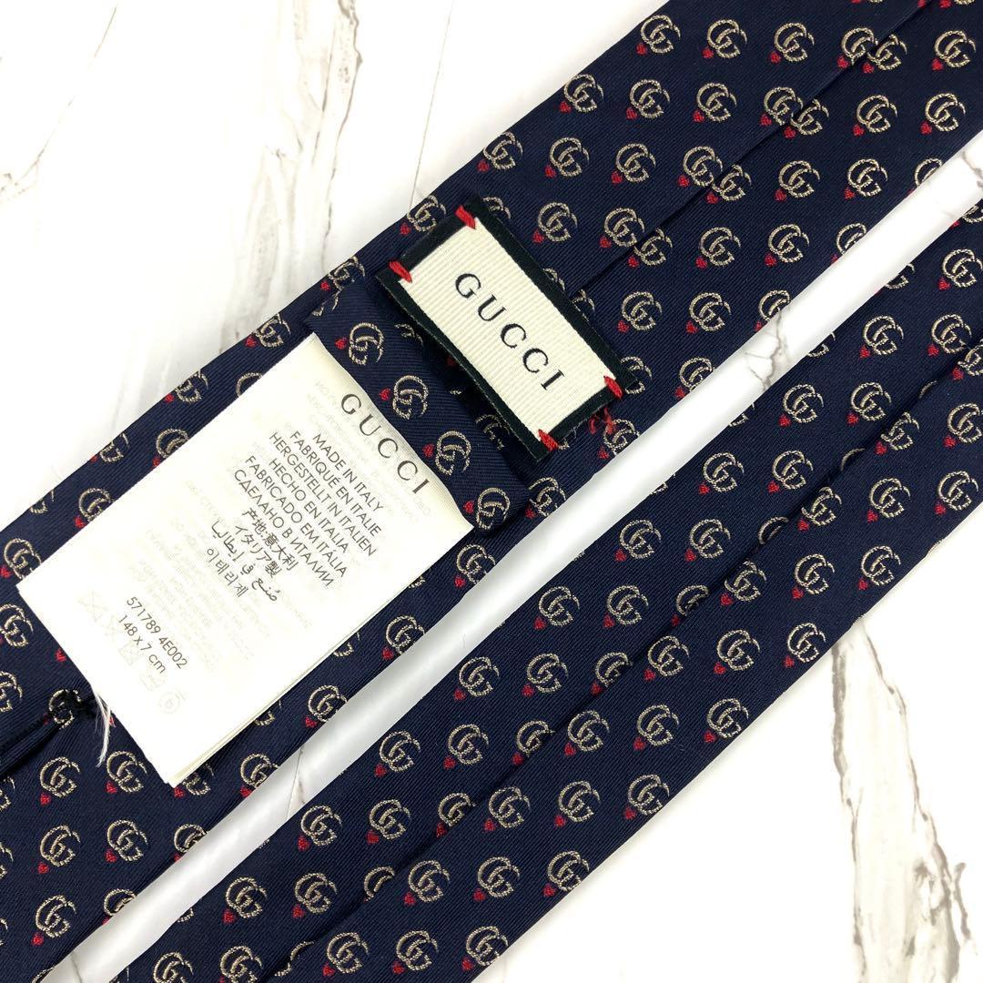 現行　グッチ　ネクタイ　GGマーモント　ダブルG ハート　ネイビー