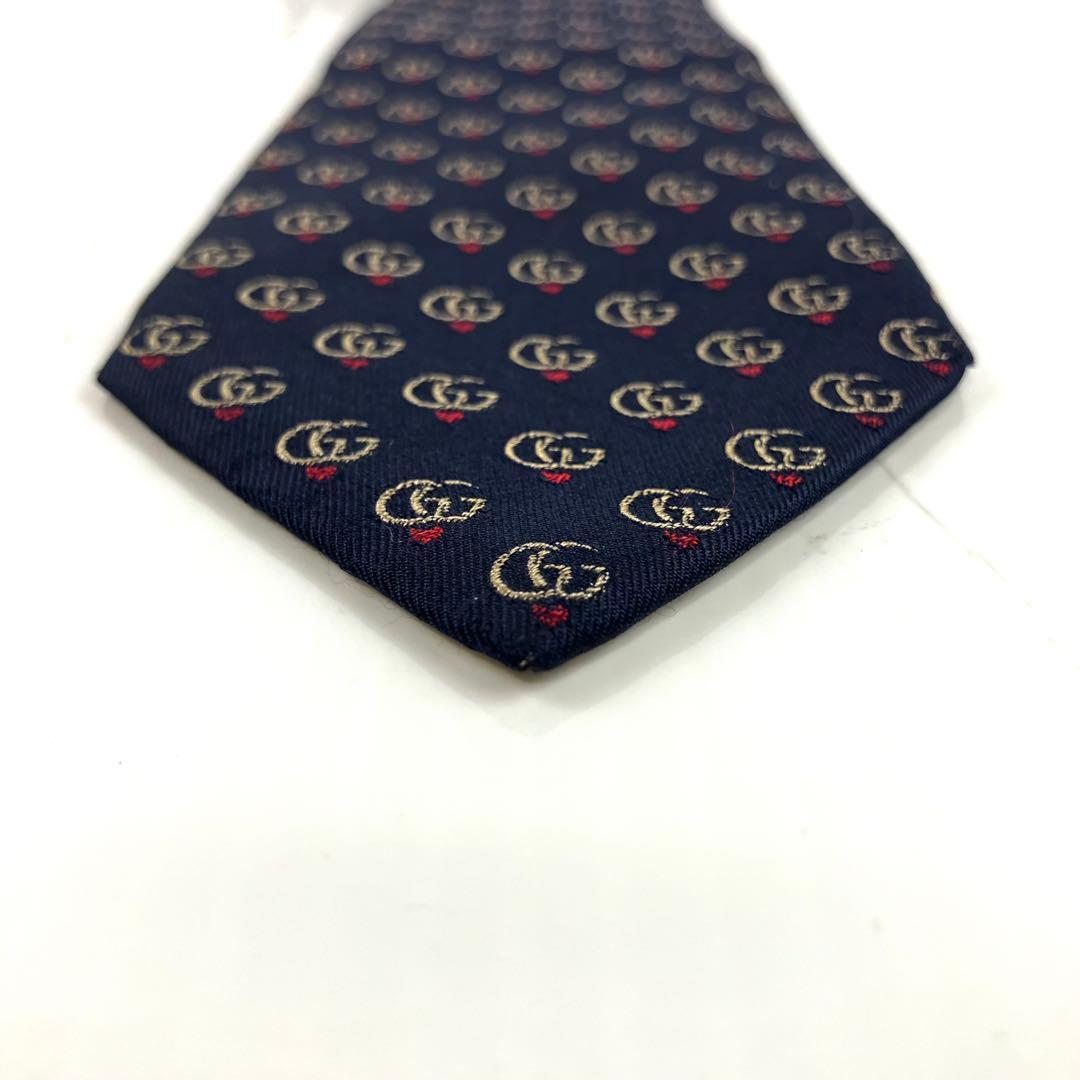 現行　グッチ　ネクタイ　GGマーモント　ダブルG ハート　ネイビー