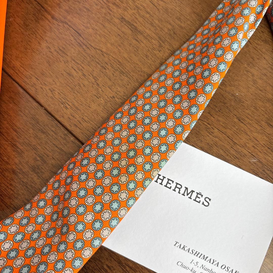 HERMES 正規店購入　エルメス　ネクタイ　オレンジ系　8センチタイプ