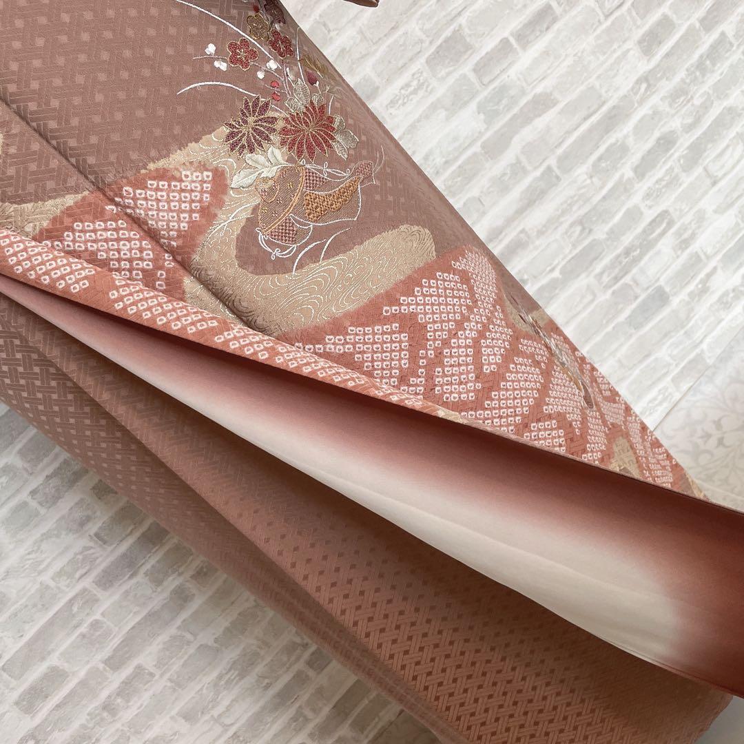 訪問着　フルセット　花　観世水　鹿の子絞り　相良刺繍　手刺繍　着物　L2